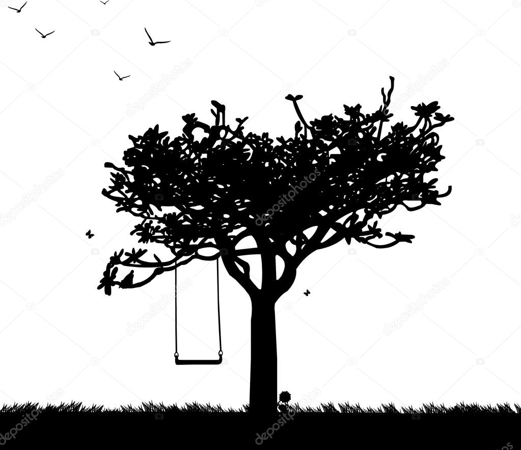 Swing in the park or garden in spring silhouette