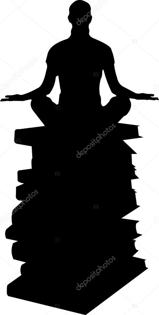 An isolated student meditating and doing yoga exercise on stacks of books silhouette