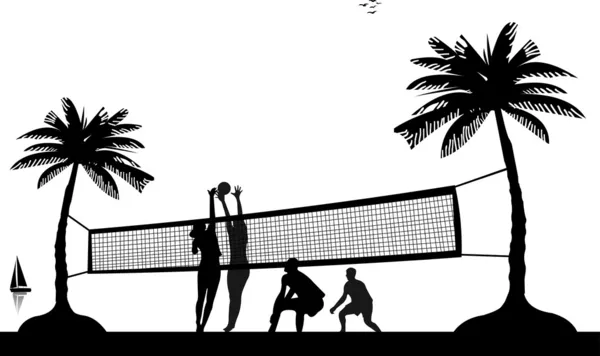 Fete și băieți jucând volei pe plajă între silueta palmierilor — Vector de stoc