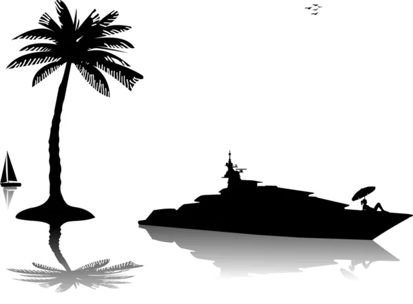 Giovane donna in bikini prendere il sole su yacht di lusso sul mare a silhouette giornata di sole — Vettoriale Stock