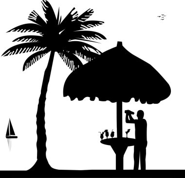 Bartender with cocktail shaker in drinking bar make cocktails on seacoast silhouette clipart