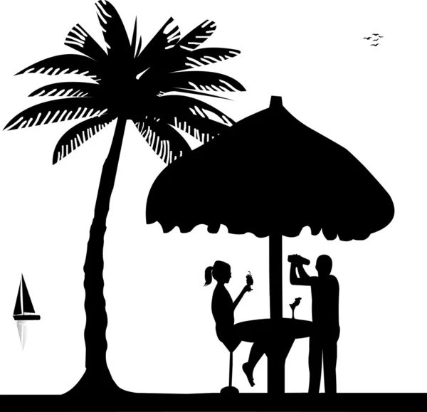 Meisje drankje cocktail en barman met Cocktailshaker in drinken bar maken cocktails op Zeekust silhouet — Stockvector