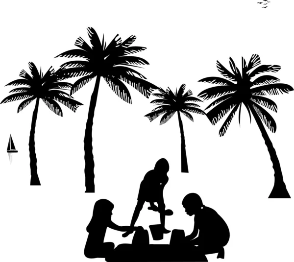 Sahil siluet, benzer görüntüleri dizi oynayan çocuklar — Stok Vektör