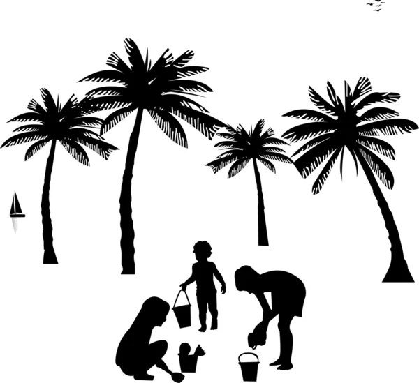 Sahil siluet, benzer görüntüleri dizi oynayan çocuklar — Stok Vektör