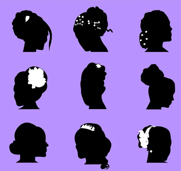 Coiffures de mariage silhouette sur fond violet dans différentes formes — Image vectorielle