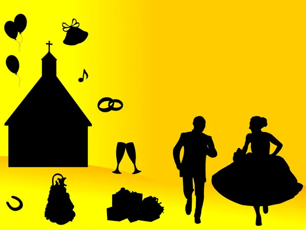 Fondos de la boda con recién casados y símbolos de la boda en un fondo amarillo — Vector de stock