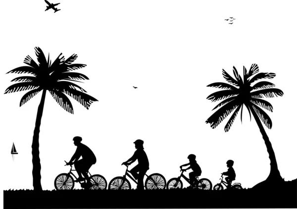 Paseo en bicicleta familiar por la playa en silueta de verano, uno de la serie de imágenes similares — Vector de stock