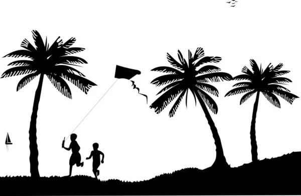 Silhueta de meninos correndo com pipa voadora na praia — Vetor de Stock