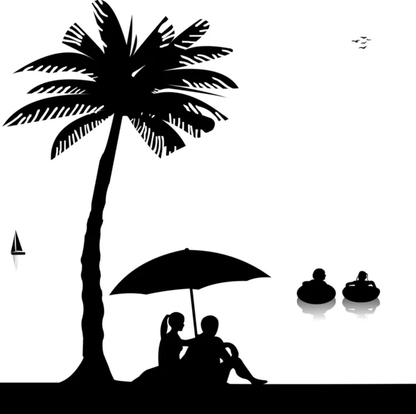 Kis gyerekek úszni a tengerben, és a szülők ülnek a pálma fák sziluettje alatt a tengerparton — Stock Vector