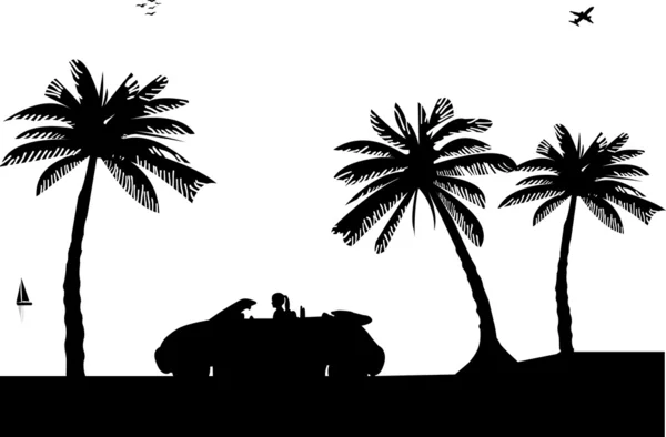 Chica conduce un coche descapotable en la silueta de la playa — Vector de stock