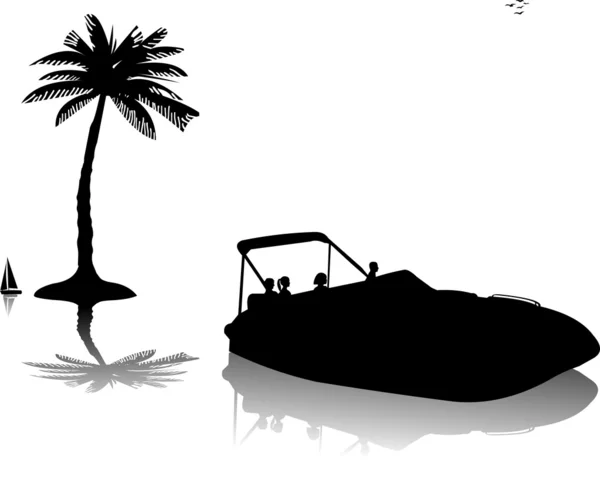stock vector Men and women riding in speedboat on water near the palm trees silhouette