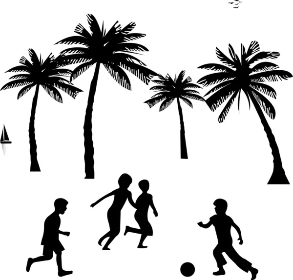 Αγοράκια παιχνίδι με μπάλα, ποδόσφαιρο, καλοκαίρι ανάμεσα στις παλάμες δέντρο σιλουέτα — Διανυσματικό Αρχείο