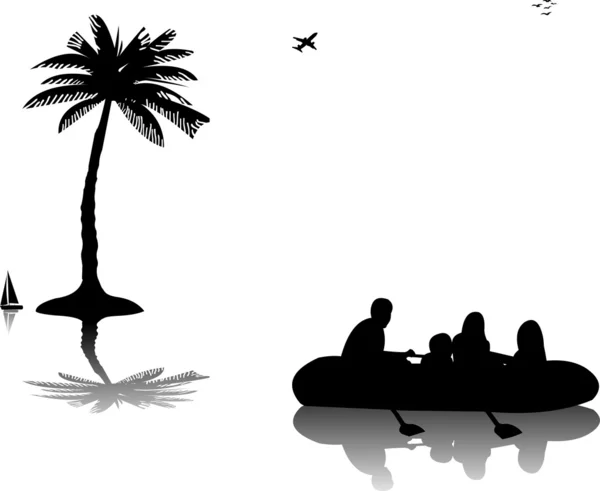 Familia en bote inflable remando en el agua cerca de las palmeras silueta — Vector de stock