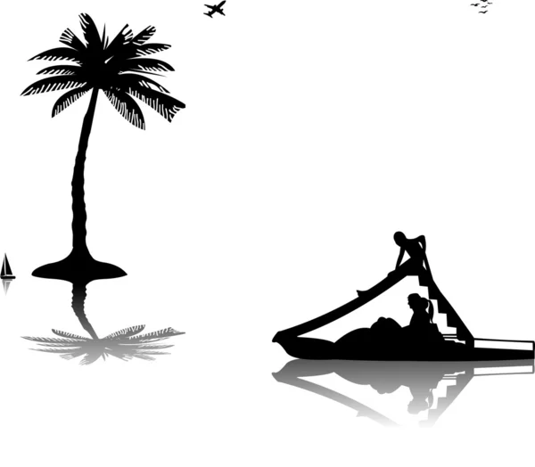 Οικογένεια σε πεντάλ βάρκα με τη φωτογραφική διαφάνεια στη θάλασσα κοντά η σιλουέτα δέντρα φοίνικας — Διανυσματικό Αρχείο