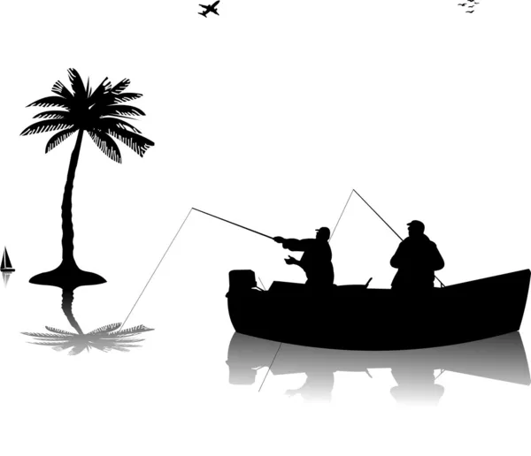 Два рыбака в лодке рыбачат возле силуэта пальмы — стоковый вектор
