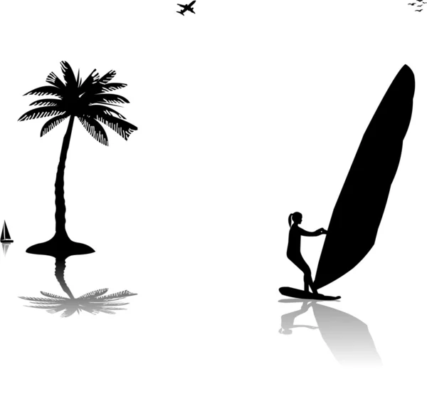 Силуети жіночого вітрового серфера на заході сонця біля пальми — стоковий вектор