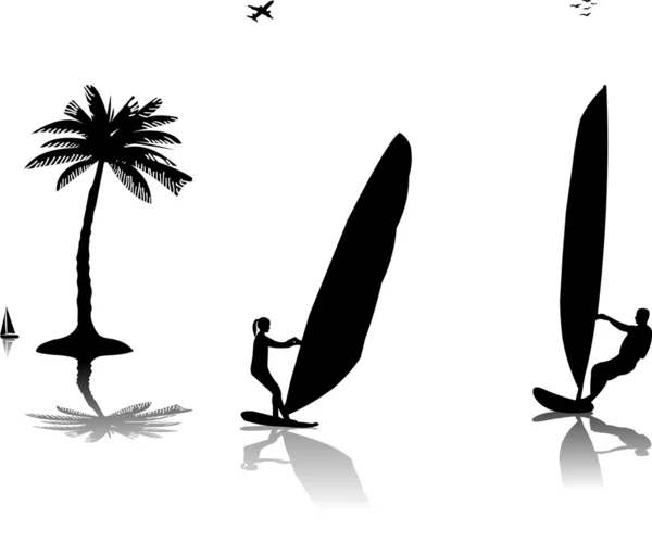 Silhuetter av kvinnan och mannen vindsurfare på solnedgången nära palmerna — Stock vektor