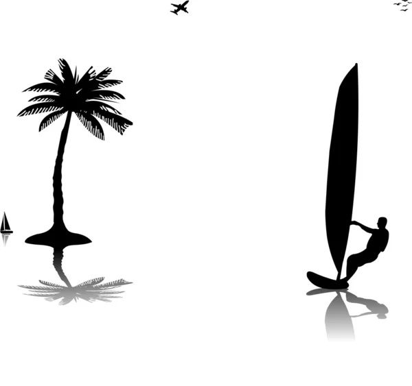 Silhuetter av mannen vindsurfare på solnedgången nära palmerna — Stock vektor