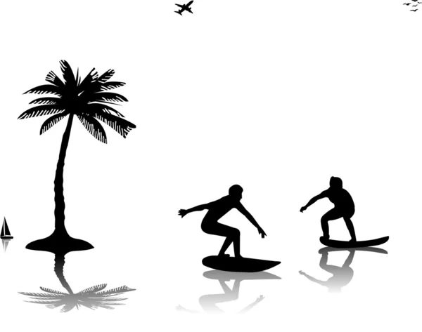 Hermosa joven mujer y hombre surfeando cerca de la silueta de las palmas — Archivo Imágenes Vectoriales