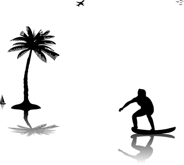 Hermosa joven surfeando cerca de la silueta de las palmas — Vector de stock