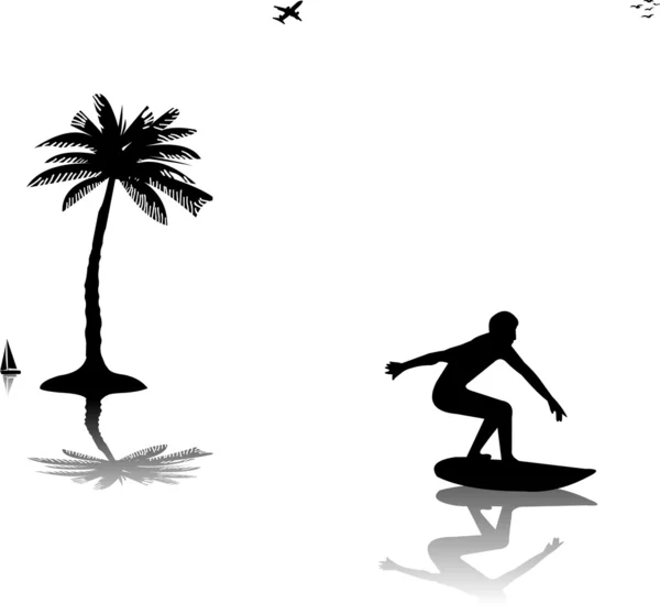 Schöner junger Mann beim Surfen in der Nähe der Palmensilhouette, eines in der Reihe ähnlicher Bilder — Stockvektor