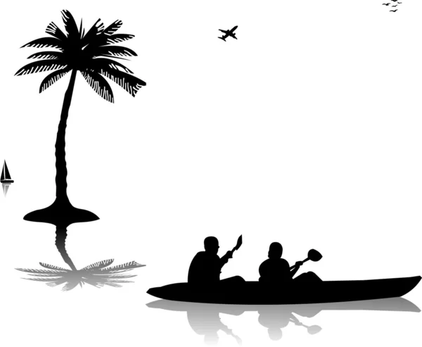 Homem e mulher de caiaque perto da silhueta das palmeiras — Vetor de Stock
