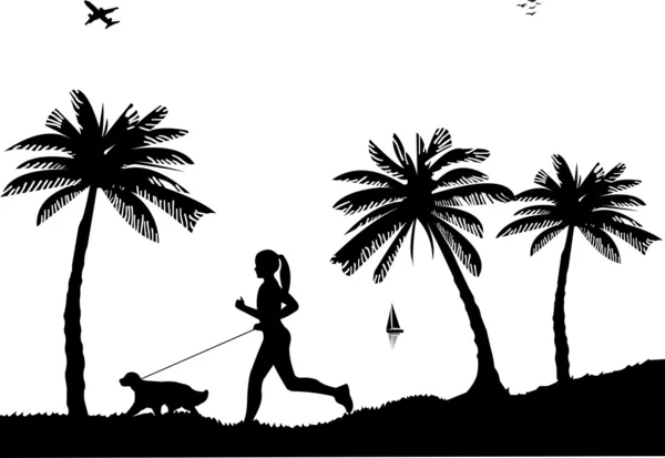 Girl running a dog on beach in summer silhouette, one in the series of similar images — Stock Vector
