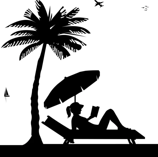 Silueta de chica tomando el sol y leyendo un libro en la playa junto a la palmera — Vector de stock