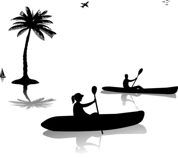 Man en vrouw kajakken in de buurt van het silhouet van palm bomen — Stockvector