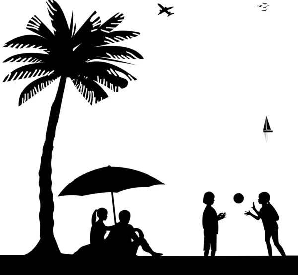 Les enfants jouent avec la balle et les parents s'assoient sur le bord de la mer sous le palmier sur la silhouette de la plage — Image vectorielle