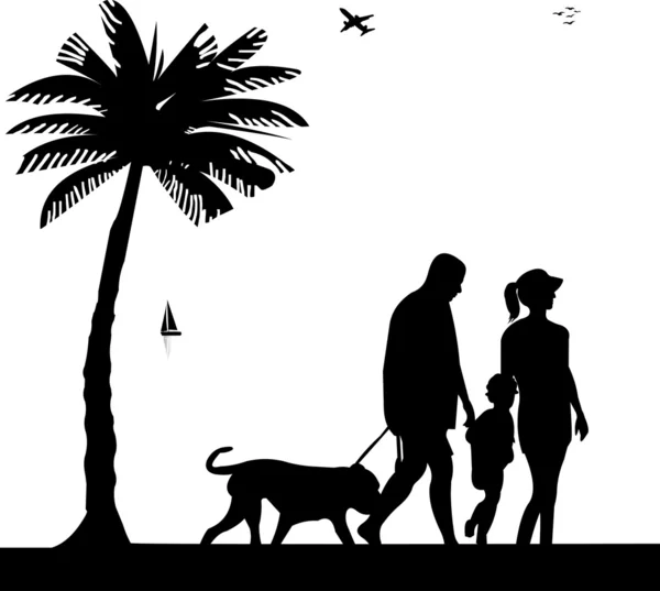 Familie wandelen op het strand met hond tussen de palmen silhouet — Stockvector