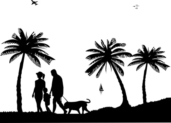 Passeggiata in famiglia sulla spiaggia con cane tra le palme silhouette — Vettoriale Stock
