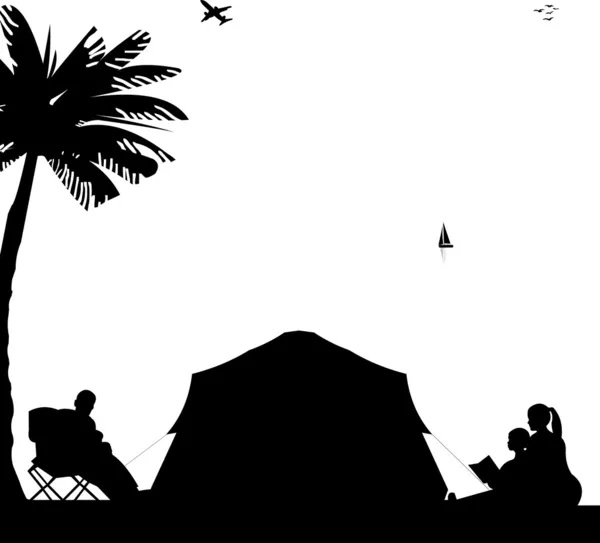 Οικογενειακά κάμπινγκ στην παραλία κάτω από την παλάμη δέντρο σιλουέτα — Διανυσματικό Αρχείο