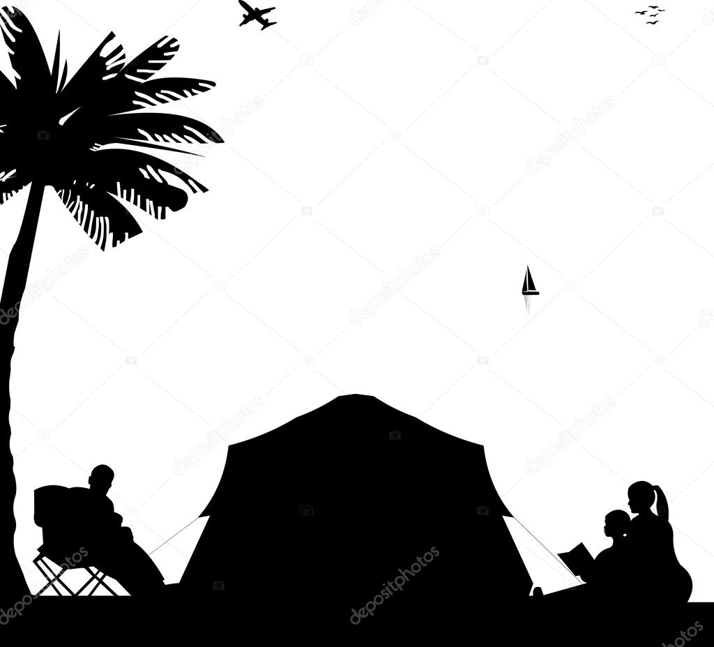 Family camping on beach under the palm tree silhouette