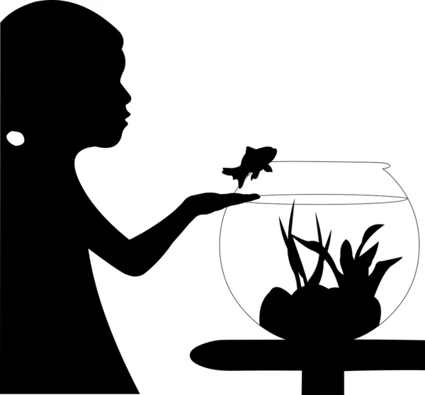 Stock vector Cute small girl returning fish back into the aquarium silhouette