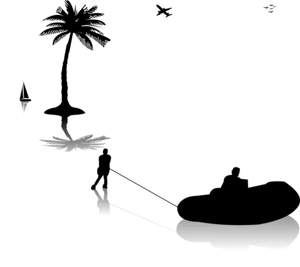 Homem esquiando na água perto da silhueta das palmeiras — Vetor de Stock