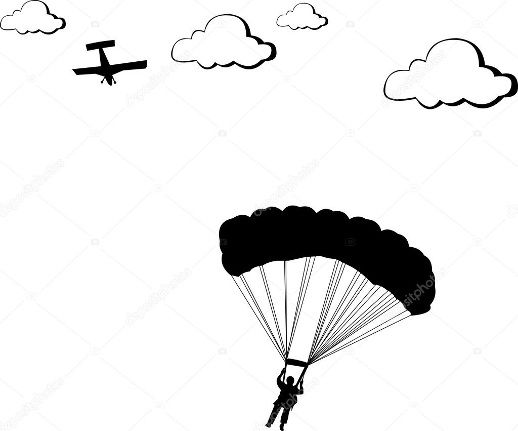 A silhouette of a skydiver or parachutist