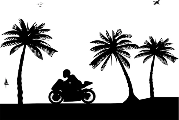 En silhuett av en man på motorcykel som kör längs kusten — Stock vektor