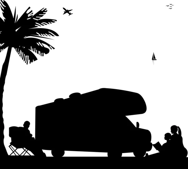 Campeggio familiare con roulotte e camper sulla spiaggia sotto la silhouette della palma — Vettoriale Stock