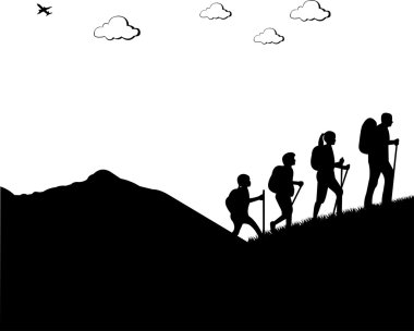 Mountain climbing, hiking family with rucksacks silhouette clipart