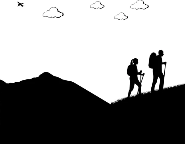 Alpinisme, couple randonnée avec sacs à dos silhouette — Image vectorielle