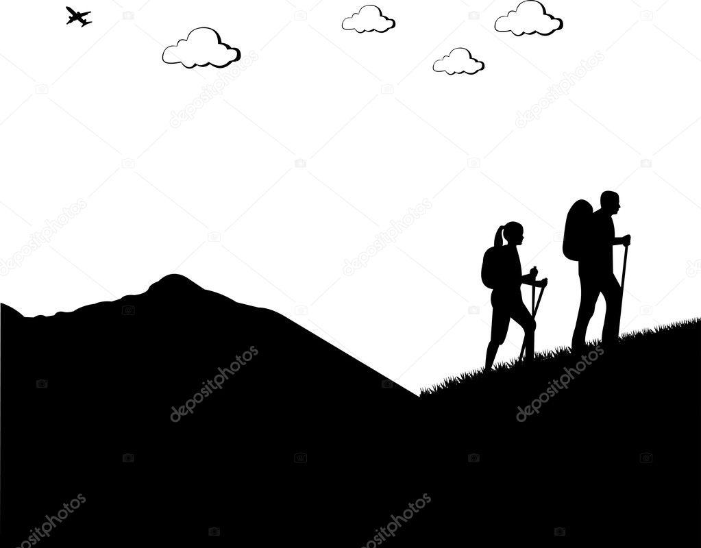 Mountain climbing, hiking couple with rucksacks silhouette