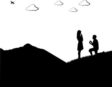 Romantic proposal on top of the mountain of a man proposing to a woman while standing on one knee silhouettes clipart