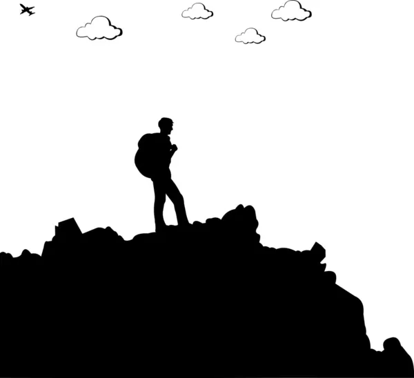 Mountain climbing, hiking man with rucksacks silhouette — Stock Vector