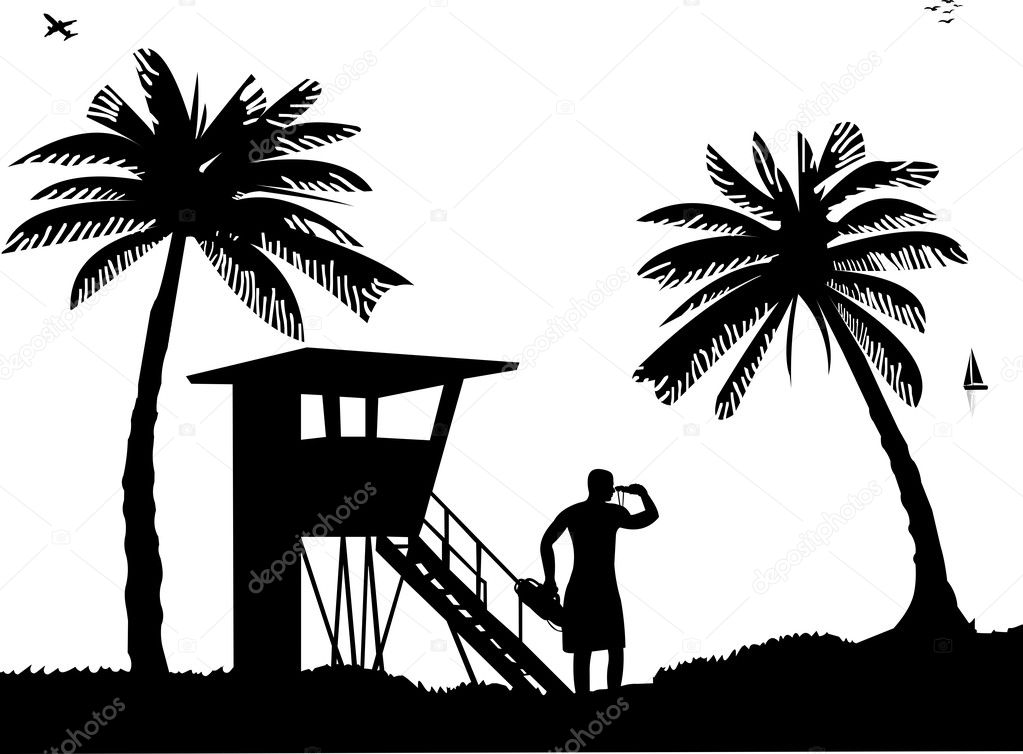 Lifeguards on the beach and beach watch tower on seashore silhouette