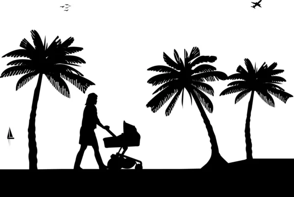 Una giovane madre che spinge il passeggino e cammina sulla silhouette della spiaggia — Vettoriale Stock