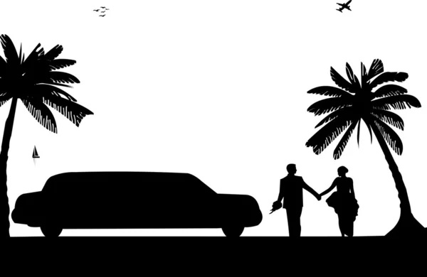 Bröllop par, brudgummen och bruden med limousine på seacoast mellan handflatorna på stranden silhuetten — Stock vektor