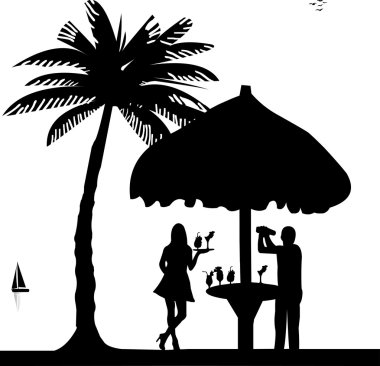 Bartender with cocktail shaker in drinking bar make cocktails and waiter is serving cocktails on seacoast silhouette clipart