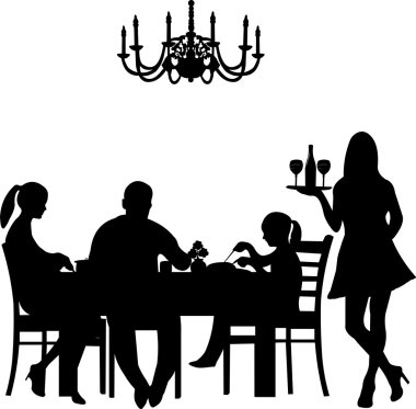 Silhouette of a restaurant scene were a family enjoy their dinner while the waiter is serving the wine clipart