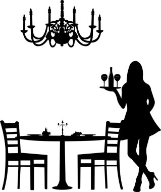 Romantic dinner for two with table and two chairs, candle decoration and candlesticks and old antique chandelier and waiter is serving the wine silhouette clipart